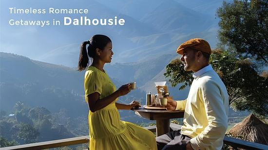 A couple enjoying tea on the terrace with a mountain view in the background as the text says 