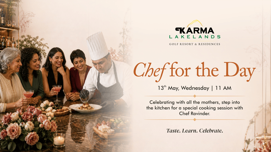 A promotional poster for 'Chef for the Day' at Karma Lakelands, featuring a chef guiding guests in a cosy cooking setup with floral decor and soft lighting.