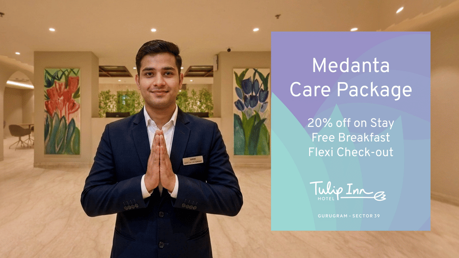 A creative banner featuring a hotel staff inviting guest for Medanta Care Package offer 20 percent off on room rates, free breakfast, and flexible check-in.