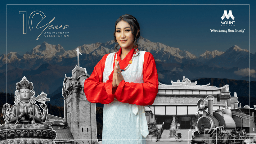 A poster representing the 10 years of Mount Hotels in East India with a woman wearing traditional dress doing a namaste.