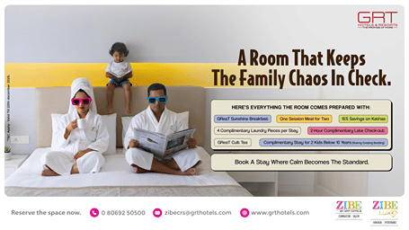 GRT Hotels family stay offer featuring parents and child in a room with breakfast, meals, laundry, late checkout and kids stay benefits.