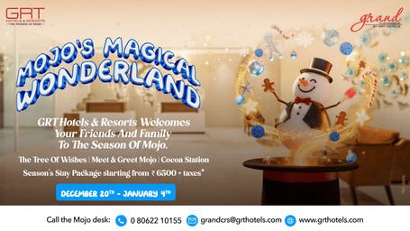 Holiday celebration banner at Grand Vijayawada GRT Hotels & Resorts featuring festive graphics and softly lit decorative elements.