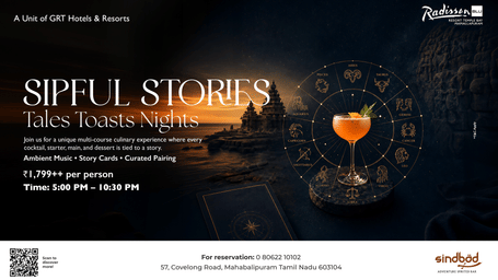 Sipful Stories culinary experience with a cocktail, zodiac wheel and Mahabalipuram temple backdrop at Radisson Blu Resort Temple Bay.