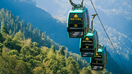 A series of cable cars gliding over lush, forested mountains, offering breathtaking aerial views of the valley below and the surrounding peaks.