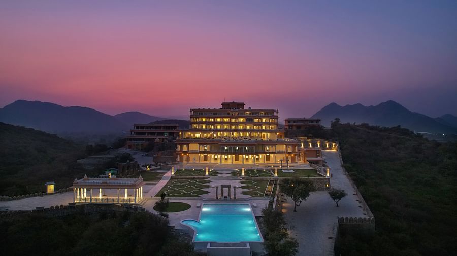 full angle view of Fateh Vilas facade and exterior shot during sunset 