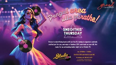 Vibrant poster for Sneghithis' Thursday ladies' night at Studio 79, featuring a DJ, cocktails and cashback offers