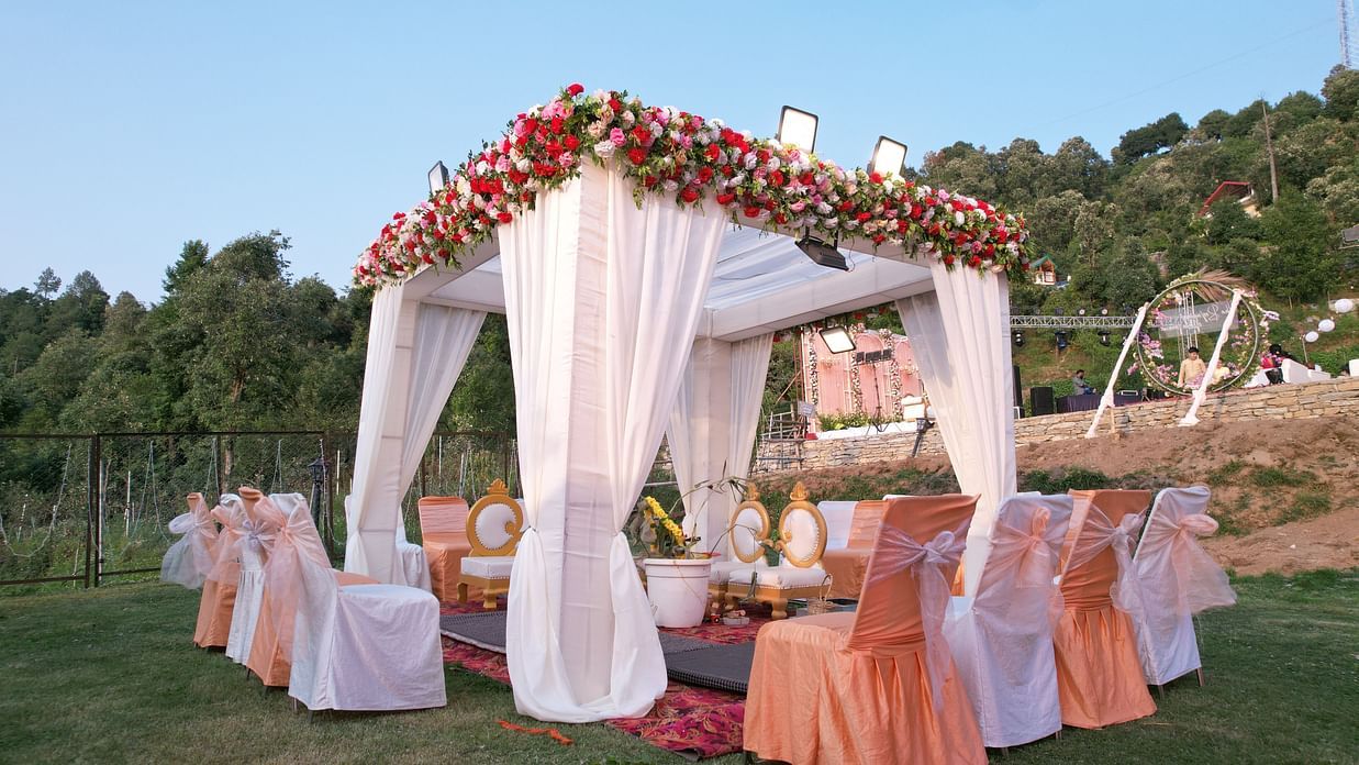 An elegantly  decorated mandap set up for traditional Indian wedding rituals.