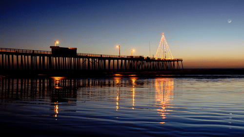 a Christmas tree made out of lights on a boardwalk with the evening sky in the background