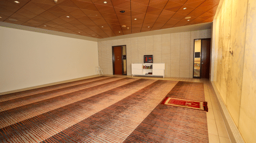 An empty room with a patterned carpet, light-colored walls, and a wooden ceiling. Two doorways are visible.