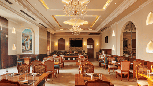 tables and chairs in The Hunter, the all-day dining outlet - Royal Kingdom Sarovar Portico, Pilibhit