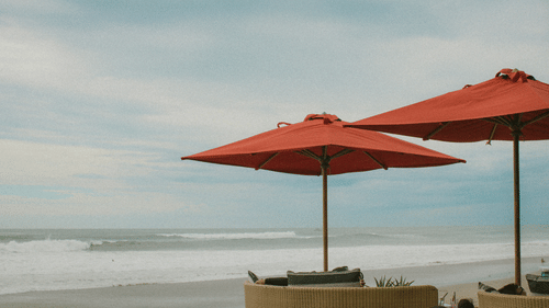 An overview of a beach side bar with canopies and seats kept on the beach