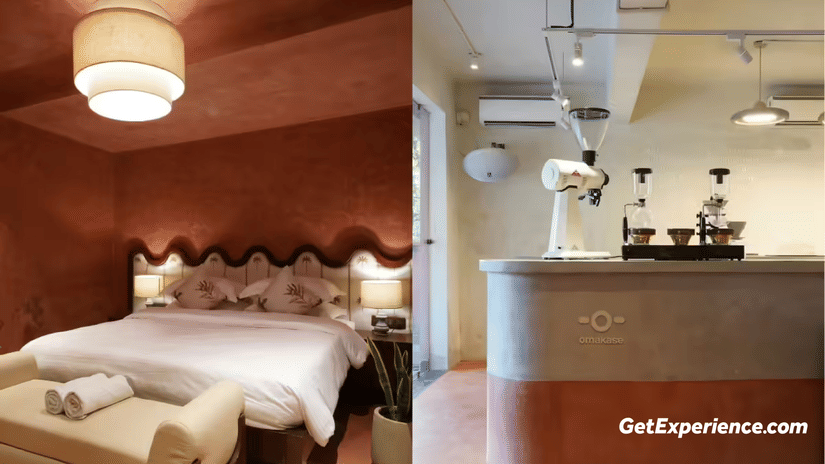 A bedroom and a coffee bar inside The Unseen Assagao.