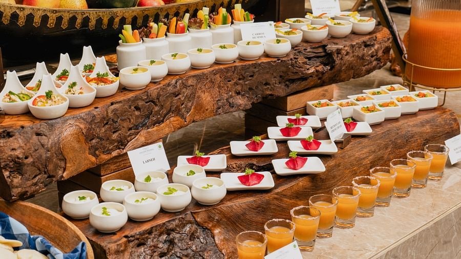 Buffet space featuring carrot hummus, labneh, and beetroot with cream cheese at Cloud9 Sarovar Premiere, Palolem Goa