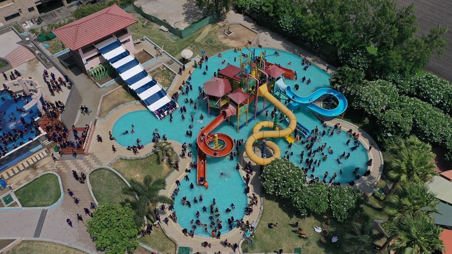 An aerial view of the pool and slides 