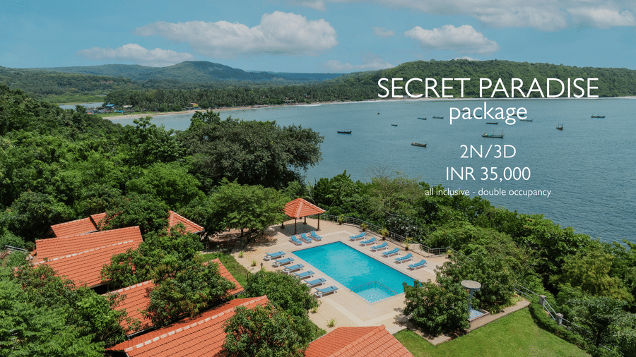 Creative of Secret Paradise Package featuring 2 nights and 3 days at 35,000 rupees, inclusive all taxes. Enjoy double occupancy at Highland Sarovar Portico, Sindhudurg located near Tarkarli Beach.