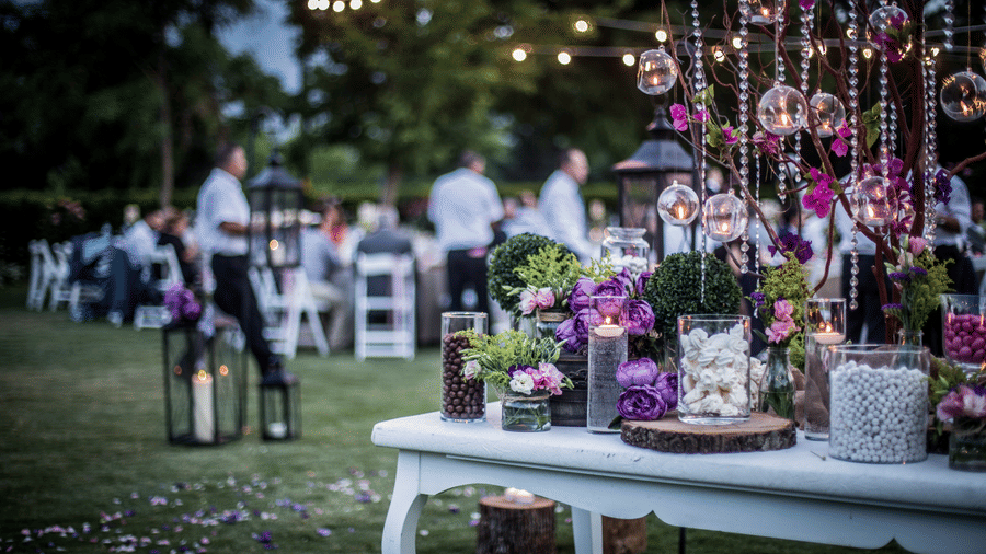 Event Venue with a wodden table decorated with flowers and candles, with people seated  in the background