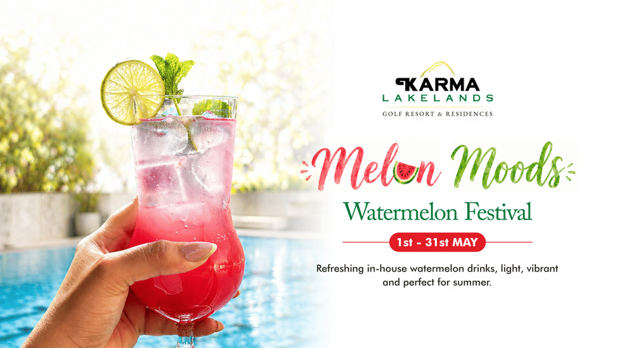 A promotional poster for Karma Lakelands showcasing a refreshing melon-based drink held near a poolside, with text announcing 'Melon Moods Weekend Fiesta', along with event details.