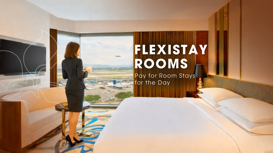 Hotel room near Delhi Airport in Aerocity featuring a woman standing in a bedroom which has a double size bed, a flat TV, and a window with airport view. It is a promotional banner for day use rooms in Delhi.