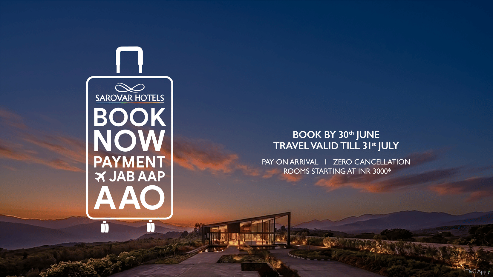 Sarovar Hotels offer banner promoting book now, pay on arrival with zero cancellation.