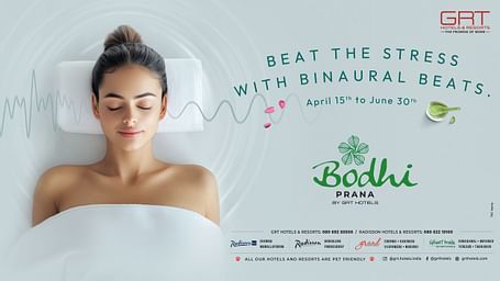 A creative for Corporate Summer Therapy at Bodhi Prana Spa at GRT Hotels –  a lady lying on the bed, text and logo displayed