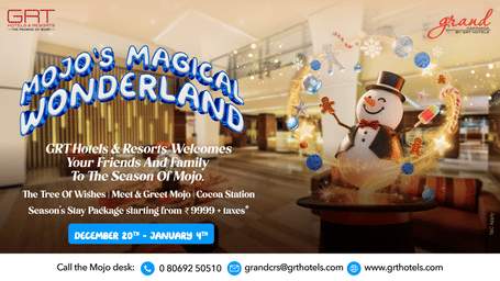 Holiday banner display at Grand Kakinada GRT Hotels & Resorts showcasing a winter-themed illustration and festive decor.