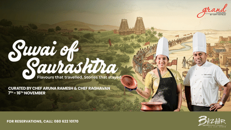 Promotional creative for the Swai of Saurashtra food festival at Grand by GRT Hotels featuring chefs and regional flavours.