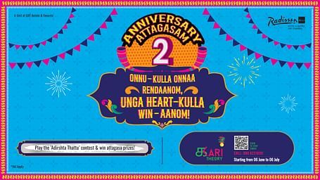 Vibrant blue anniversary poster with colourful bunting, fireworks, and 2 prominently displayed. Features Tamil text and contest details for Kari Theory restaurant celebration.
