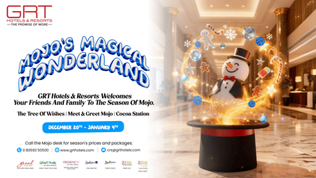 GRT Hotels & Resorts poster for 'Mojo’s Magical Wonderland', featuring a cheerful snowman in a top hat with glowing holiday elements inside a hotel lobby.