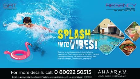 Creative featuring the 'Splash into Vibes' poolside offer at Regency Chennai by GRT Hotels, showcasing a child swimming in the pool