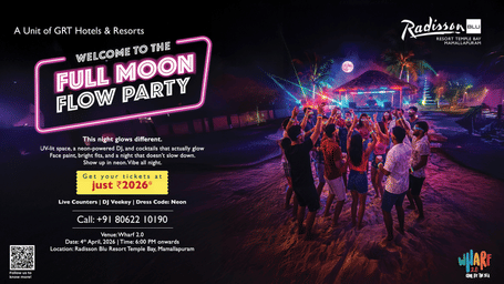 A creative of a lively neon beach party under the full moon with DJ, glowing cocktails and dancing guests at Radisson Blu Mamallapuram.
