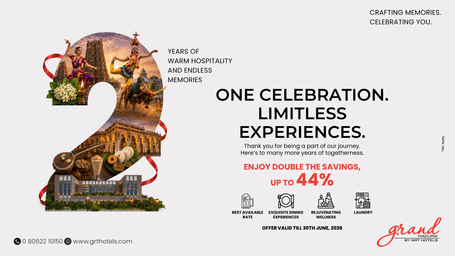 Grand Madurai by GRT Hotels 2nd anniversary celebration offer with savings of up to 44% on stays, dining, wellness and laundry until 30 June 2026.
