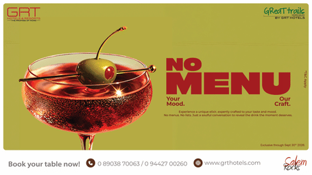 No Menu, Your Mood, Our Craft at GReaT trails by GRT Hotels, where a unique elixir is crafted to your taste and mood.