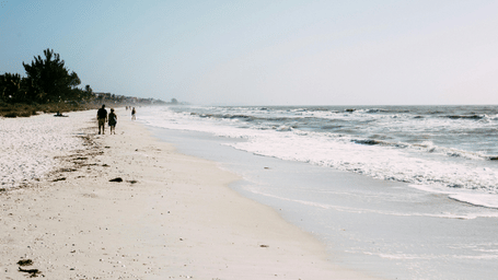 A bright, wide shot of a white sandy beach with gentle waves rolling onto the shore. In the distance, people walk along the shoreline near a line of green coastal trees.