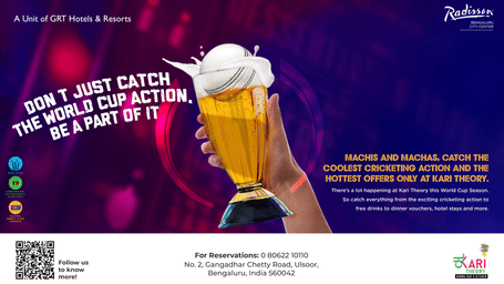 World Cup live screening at Kari Theory Bengaluru with trophy-inspired beer glass and exclusive cricket season offers.