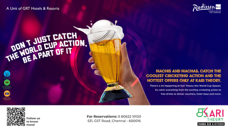 World Cup cricket live screening at Kari Theory Chennai featuring themed beverage and special matchday offers.