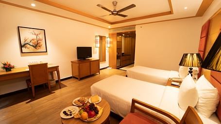 Cascade Room Interior with twin bed at Ocean Spray, Pondicherry