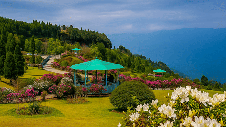A beautiful hillside garden adorned with colourful flowers and a gazebo, overlooking a panoramic landscape of rolling hills and greenery.