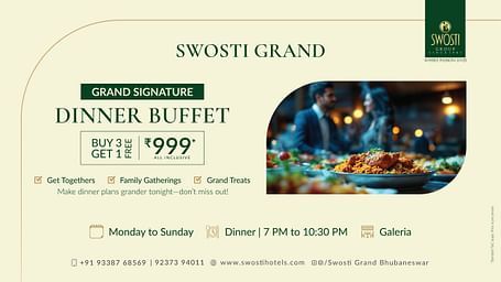 A poster of Buffet Dinner at Galeria where you can enjoy buy 8 get 1 free  at just rupees 999