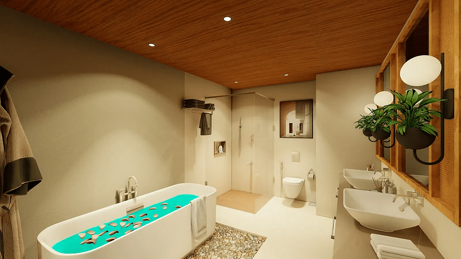 CORAL teal suite with bathtub , basin and bathroom amenities