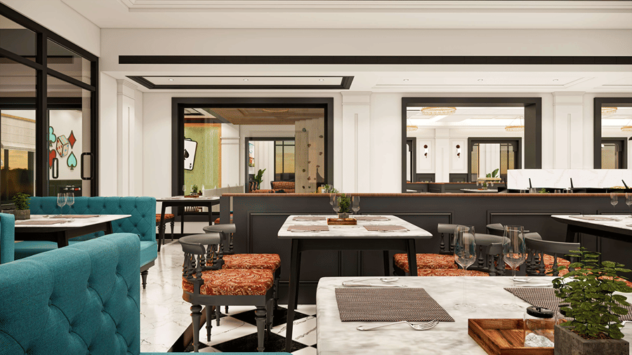 Modern resort restaurant dining area with plush teal seating, dark wood tables, ambient lighting, and sleek interior partitions.