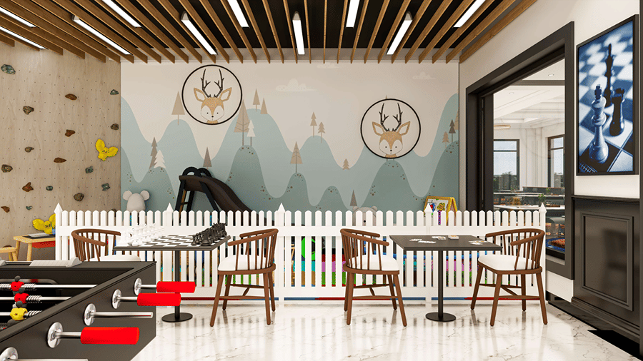 Family-friendly game room with a foosball table, small white picket fence partition, and seating for children and adults.