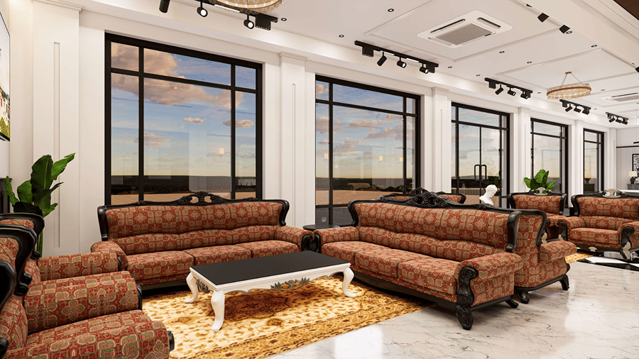 Spacious guest lounge equipped with brown leather sofas, coffee tables, large glass windows, and track lighting.
