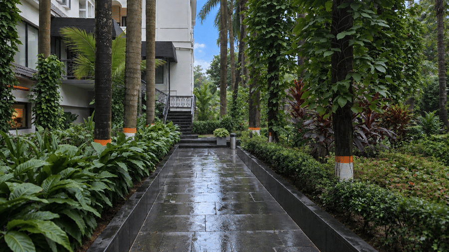 A stone pathway at Hotel Sonar Bangla, Tarapith featuring surrounding trees, lush foliage, potted plants, and hotel building exterior.