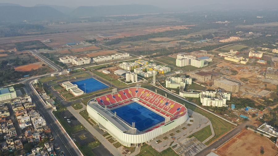 Aerial view of the stadium and Facade of Mayfair World Cup Village, Rourkela 11