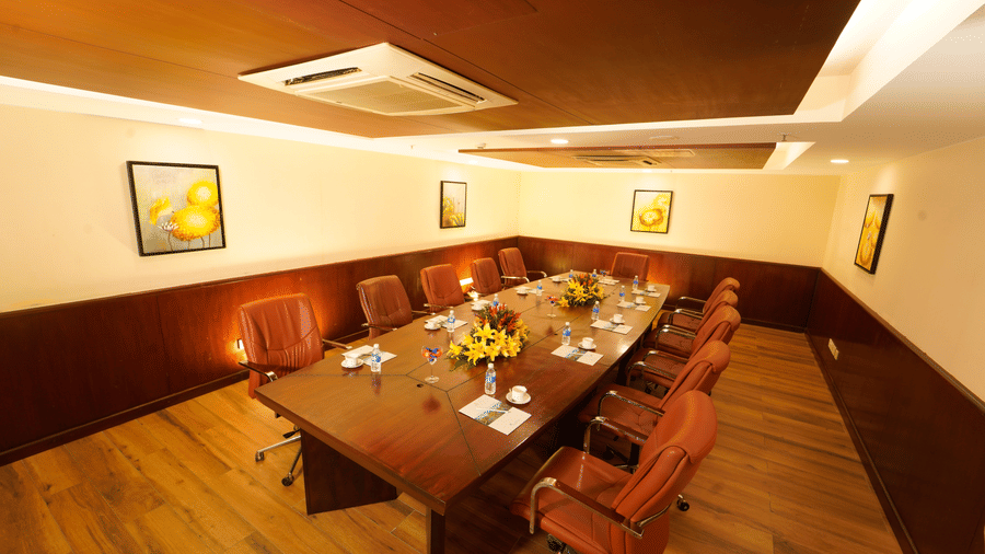 Seating arrangements inside the Boardroom Hall at Ocean Spray Puducherry