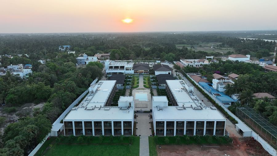 A drone shot of The Shore Trishvam, Pondicherry with a beautiful sunset in the background.