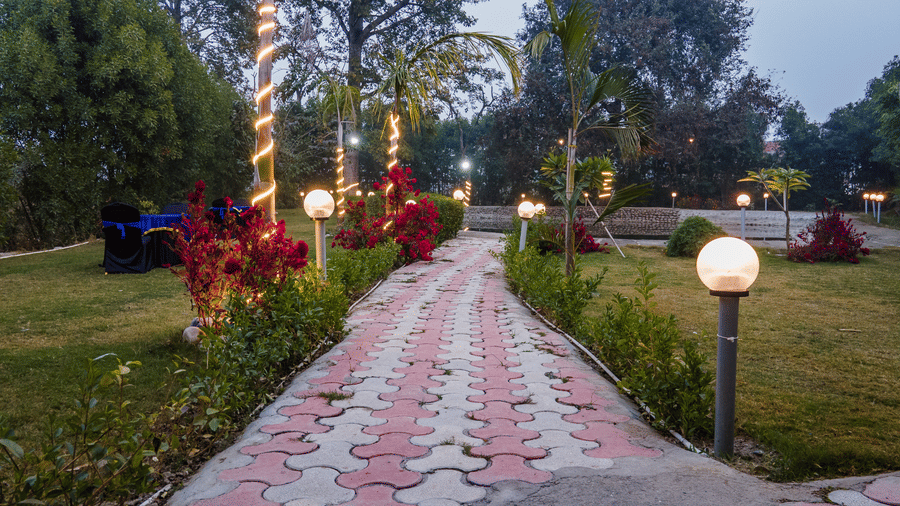 A pavement with plants on either side is leading to a lawn at Vedikant Resorts The Mallard Corbett.