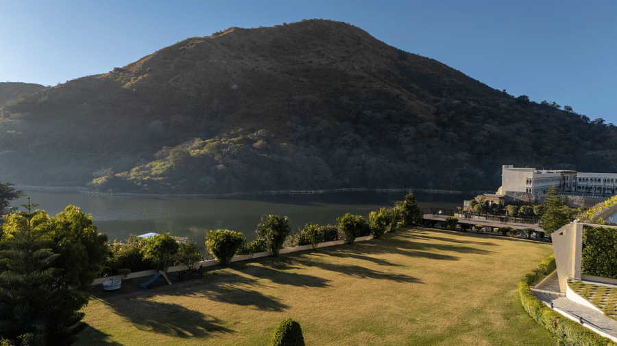 An overview of the lawn area at Via Lakhela Resort & Spa, used for weddings, celebration and Rajasthan New Year Festival.