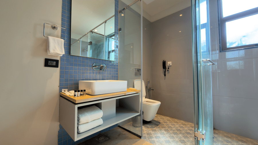 bathroom of Vinti Resort with vanity, a white sink, toilet, and glass shower enclosure.