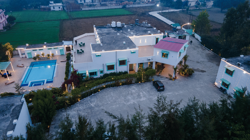 Aerial view of Vedikant Resorts The Mallard Corbett at golden hour